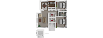 A 3D floor plan of a house layout with labeled rooms.