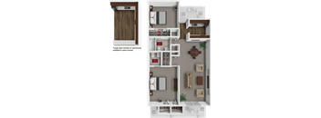 A floor plan of a home with a kitchen, living room, and bedrooms.