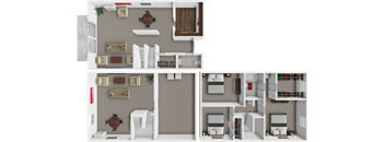 A 3D floor plan of a house with a kitchen, living room, and bedrooms.