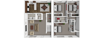 A 3D rendered image of a modern kitchen and living room.