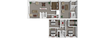 A 3D floor plan of a house showing the layout of the rooms.