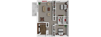 A 3D rendered image of a modern apartment layout.