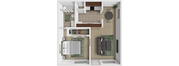 A top down view of a small apartment with a kitchen, living room, and dining area.