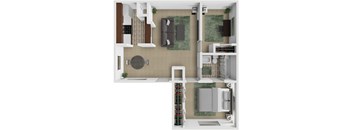 A top-down view of a living room, kitchen, and dining area.