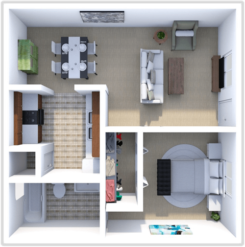 1 bedroom, 1 bath Cottonwood floor plan at Saddlecreek Apartments