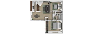 A top-down view of a small apartment layout with a kitchen, living room, and bathroom.