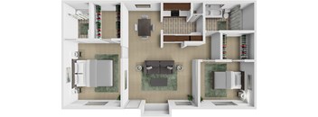 A 3D floor plan of a house showing a kitchen, living room, and bathroom.