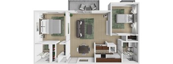 A 3D floor plan of a house showing a kitchen, living room, and two bedrooms.