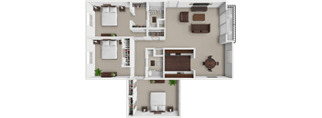 A 3D floor plan of a house with multiple rooms and furniture.