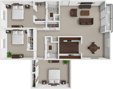 A 3D floor plan of a house with multiple rooms and furniture.