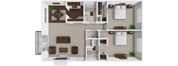A 3D rendered image of a modern apartment layout.