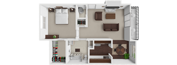 A 3D rendered image of a modern apartment layout.