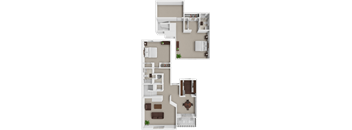 A floor plan of a house with a kitchen, living room, and two bedrooms.