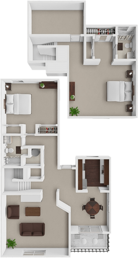 A floor plan of a house with a kitchen, living room, and two bedrooms.