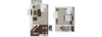 A split-level floor plan of a house with a living room, kitchen, and bedrooms.
