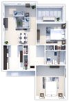 2 bed 1 bath floor plan with 3 season room
