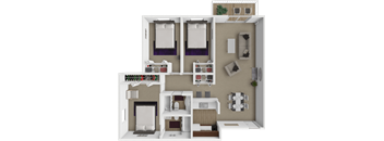 A 3D floor plan of 3 bedroom apartment with two bedrooms, a living room, and a kitchen.