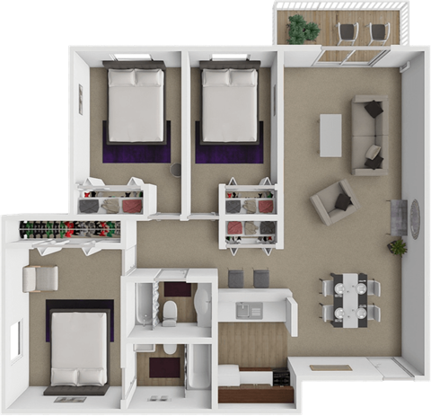 A 3D floor plan of 3 bedroom apartment with two bedrooms, a living room, and a kitchen.