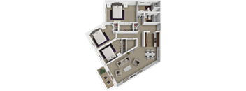 A 3D floor plan of a house with 3 bedrooms and 2 bathrooms