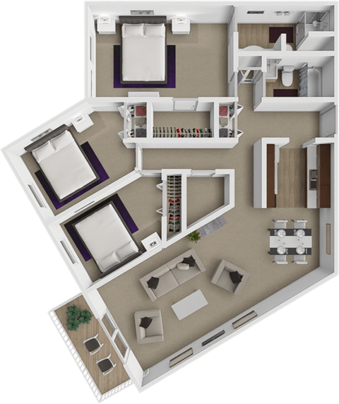 A 3D floor plan of a house with 3 bedrooms and 2 bathrooms