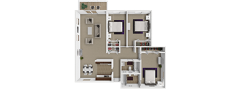 A 3D floor plan of a house with 3 bedrooms, a living room, a kitchen, and a bathroom.