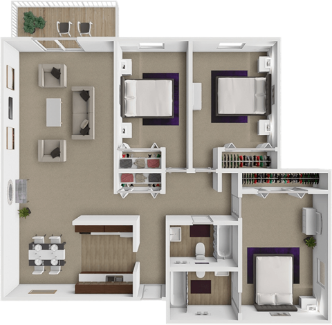 A 3D floor plan of a house with 3 bedrooms, a living room, a kitchen, and a bathroom.
