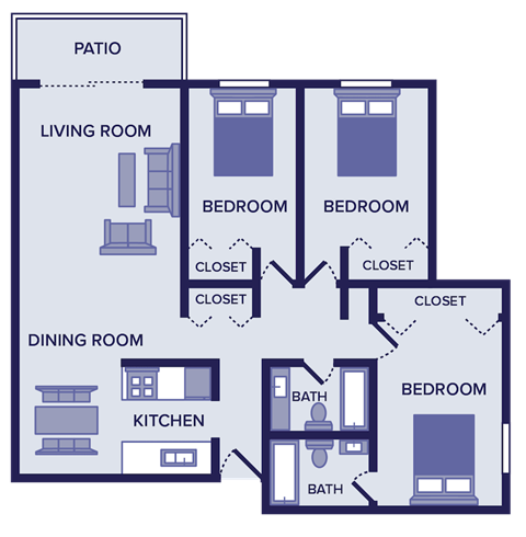 3 bedroom 2 bathroom apartment floor plan in burnsville, MN