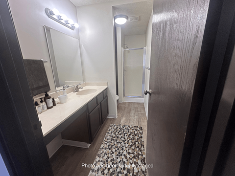 A bathroom with a sink, mirror, and rug.