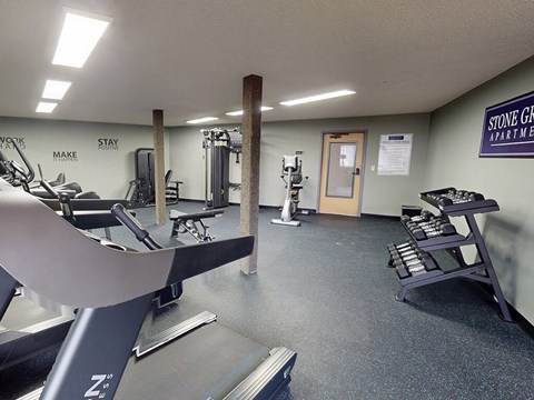 A gym room with a treadmill, weights, and a bench.