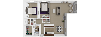 A 3D rendered image of a spacious 2 bedroom apartment layout.