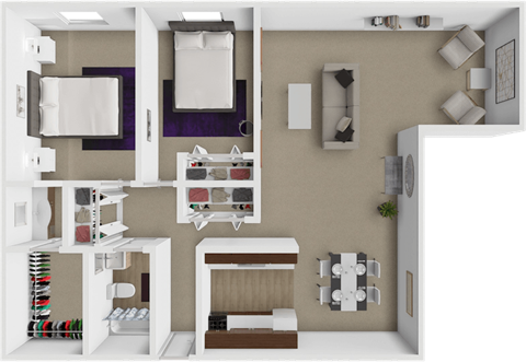 A 3D rendered image of a spacious 2 bedroom apartment layout.