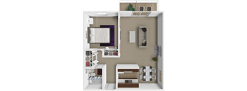 A 3D rendered image of a 1 bedroom apartment layout.