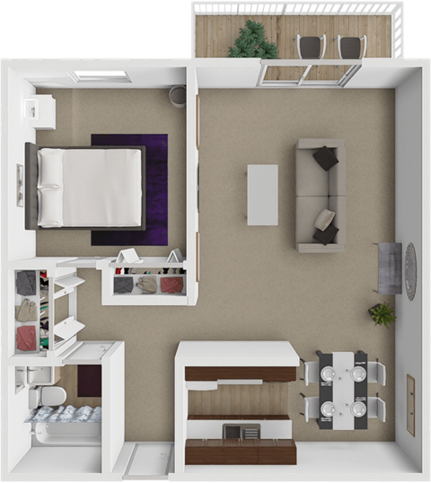A 3D rendered image of a 1 bedroom apartment layout.