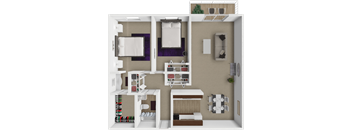 A 3D floor plan of a 2 bedroom apartment with a kitchen, living room, and bedroom.
