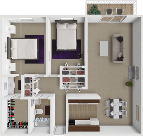 A 3D floor plan of a 2 bedroom apartment with a kitchen, living room, and bedroom.