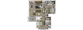 A top-down view of a two-story house with a living room, kitchen, and bedrooms.
