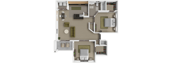 A 3D floor plan of a house with a kitchen, living room, and bedrooms.