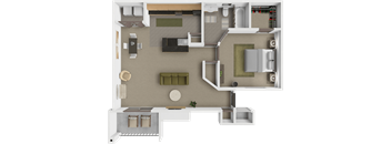 A 3D floor plan of a house with a kitchen, living room, and bathroom.