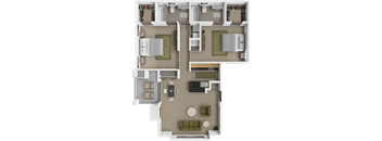 A floor plan of a house with a living room, kitchen, and two bedrooms.