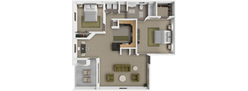 A 3D layout of a house with a living room, kitchen, and dining area.