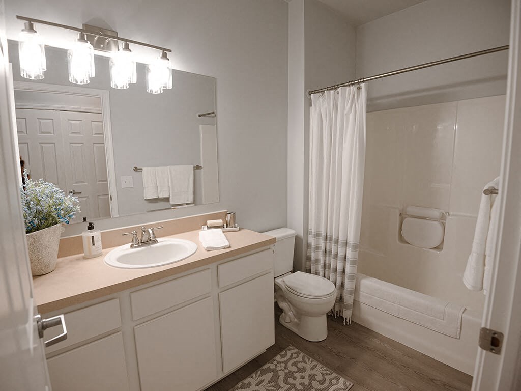 a bathroom with a sink and a toilet and a shower