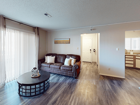 A living room with a brown couch and a coffee table.