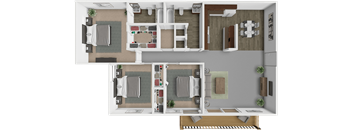 A top-down view of a house interior layout with a living room, kitchen, dining area, and two bedrooms.