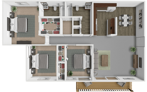 A top-down view of a house interior layout with a living room, kitchen, dining area, and two bedrooms.