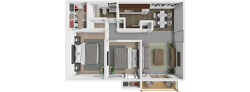 A top-down view of a modern apartment layout with two bedrooms, a living area, and a kitchen.