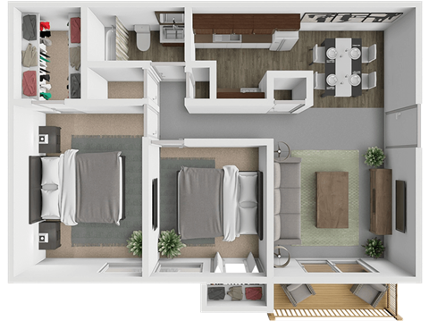 A top-down view of a modern apartment layout with two bedrooms, a living area, and a kitchen.