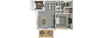 A top-down view of a house layout with a living room, kitchen, dining area, and bathroom.