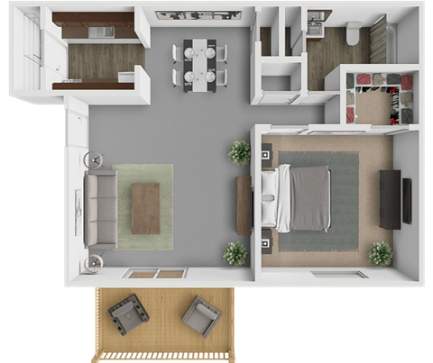 A top-down view of a house layout with a living room, kitchen, dining area, and bathroom.