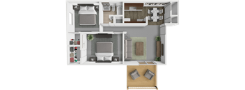A 3D floor plan of a small apartment with a kitchen, living room, and two bedrooms.