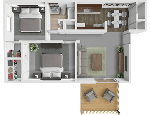 A 3D floor plan of a small apartment with a kitchen, living room, and two bedrooms.